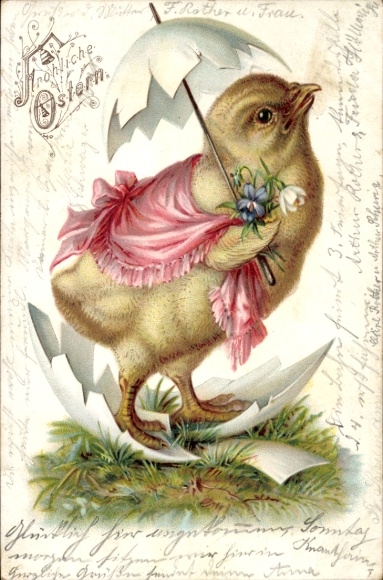 Ak Glückwunsch Ostern, Küken, Eierschale, Blumen