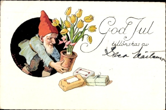 Künstler Ak Nyström, Jenny, Frohe Weihnachten, Zwerg mit Blumentopf, Tulpen