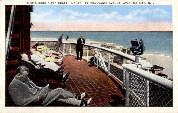 Ak Atlantic City New Jersey USA, Colton Manor, Pennsylvania Avenue, Terrasse Schiffsdeck, coloriert