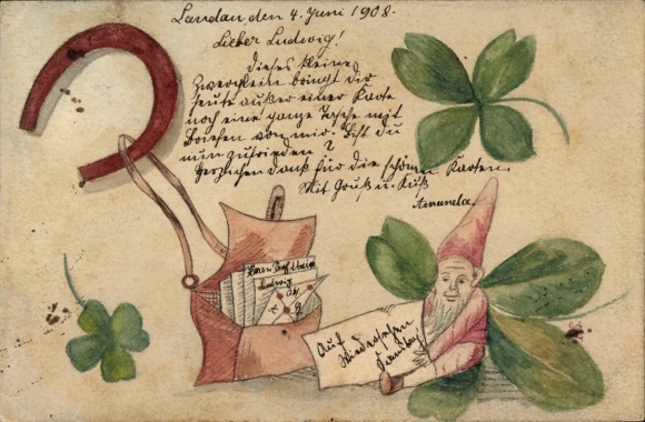 Handgemalt Ak Zwerg, Glücksklee, Hufeisen, Briefe