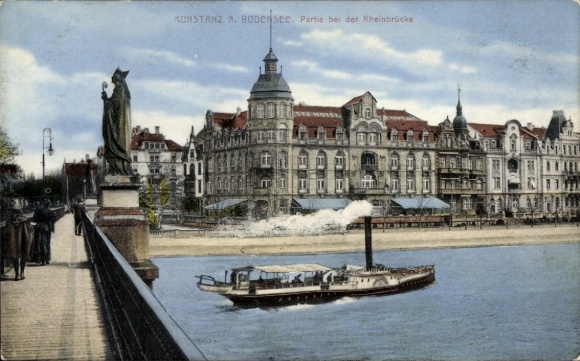 Ak Konstanz am Bodensee, Konstanz am Bodensee, Rheinbrücke, Dampfschiff, Statue