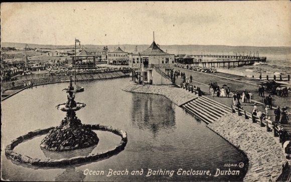 Ak Durban Südafrika, Ocean Beach, Badeeinrichtung,  Menschenmenge, Wasser, Pier