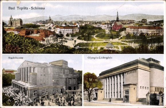 Ak Teplice Šanov Teplitz Schönau Region Aussig, Totale, Stadttheater, Olympia Lichtspiele