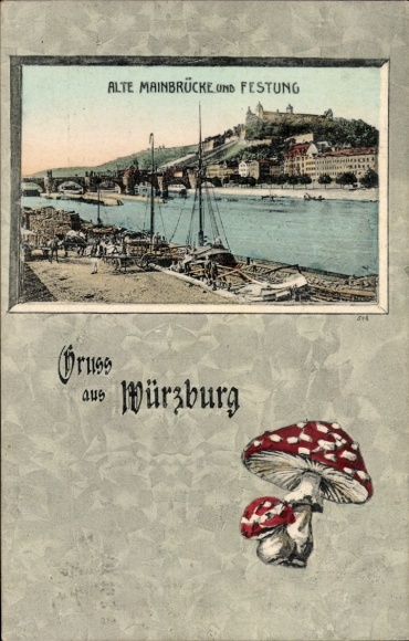 Ak Würzburg am Main Unterfranken, Alte Mainbrücke, Festung, Fliegenpilze