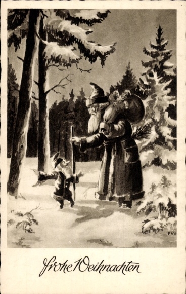 Ak Frohe Weihnachten, Zwerg weist Weihnachtsmann den Weg, verschneiter Wald