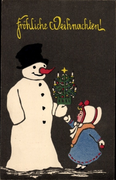 Ak Glückwunsch Weihnachten, Mädchen, Tannenbaum, Schneemann
