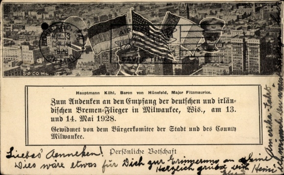 Ak Milwaukee Wisconsin, Empfang der Bremen-Flieger 1928, Hauptmann Köhl, von Hünefeld, Fitzmaurice