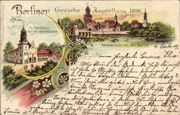 Litho Berlin Treptow, Gewerbeausstellung 1896, Rathaus mit Gerichtslaube