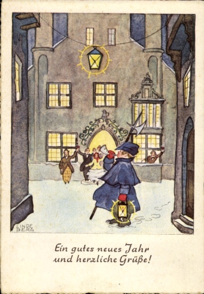 Künstler Ak Lindeberg, Glückwunsch Neujahr, Nachtwächter