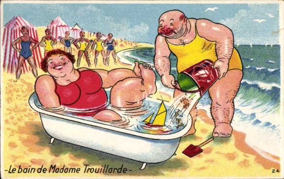 Ak Rundliche Frau badet in der Badewanne, Strand