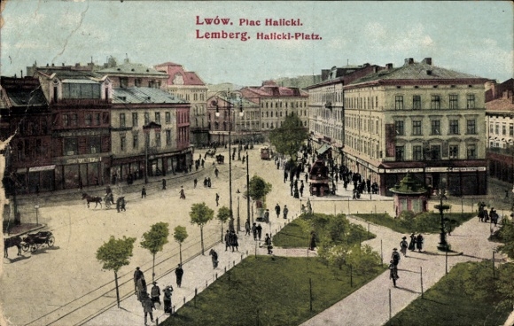 Ak Lwiw Lwów Lemberg Léopol Ukraine,  Halicki-Platz, Menschen, Straßenbahn,  Gebäude
