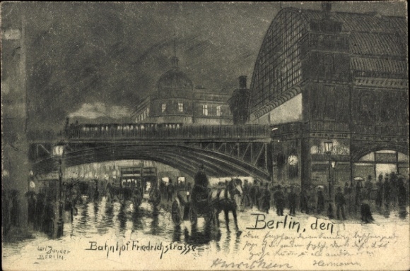 Künstler Ak Jander, Carl, Berlin Mitte, Bahnhof Friedrichstraße bei Nacht, Regen