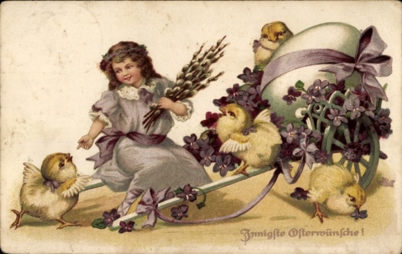 Ak Frohe Ostern, Mädchen mit Weidenkätzchen, Küken, Osterei, Veilchen