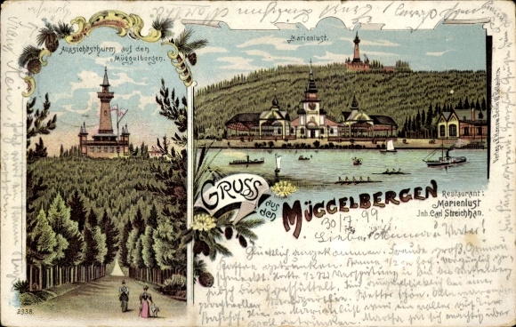 Litho Berlin Köpenick, Müggelberge, Aussichtsturm, Restaurant Marienlust