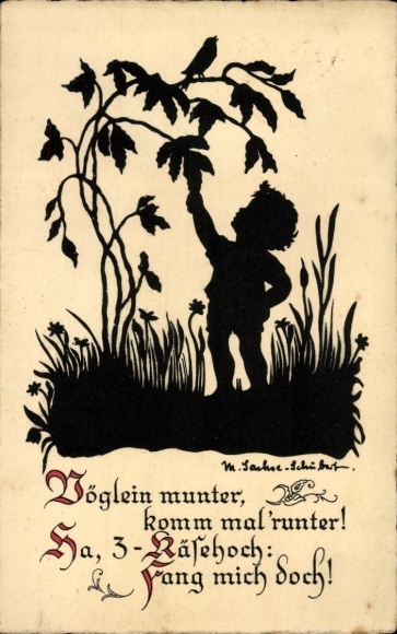 Scherenschnitt Künstler Ak Sachse Schubert, W., Vöglein munter, komm mal runter, Junge