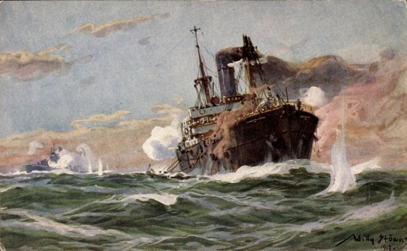 Künstler Ak Stöwer, Willy, Deutsches U Boot im Gefecht mit einem Handelsdampfer im Sperrgebiet