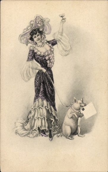 Litho Junge frau mit Sektglas, Schwein mit Briefumschlag