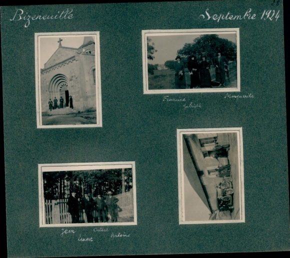 Foto Bizeneuille Allier, September 1924, Kirche, Gruppenbilder, Octave, Ernest, Marguerite, Antoine