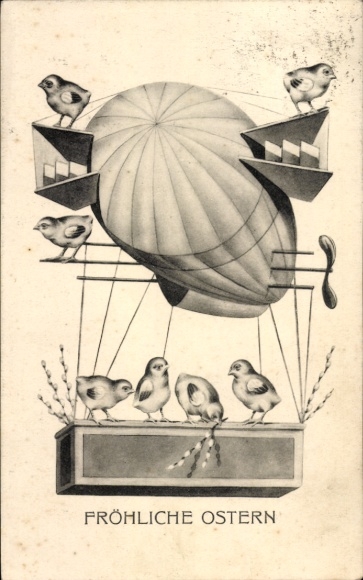 Ak Glückwunsch Ostern, Küken, Luftschiff