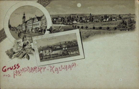 Mondschein Litho Neumarkt im Hausruckkreis Oberösterreich, Gesamtansicht, Platz, Bahnhof