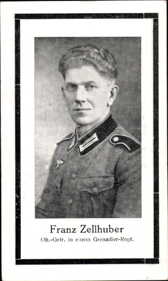 Sterbebild Franz Zellhuber, Ob.Gefr. Grenadier-Regt., EK 2, Verw. Abz., ISA, Ostm., Krimschild, 1943
