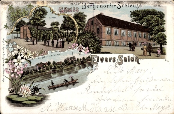 Litho Hamburg Bergedorf, Bergedorfer Schleuse, Elvers Salon, Garten