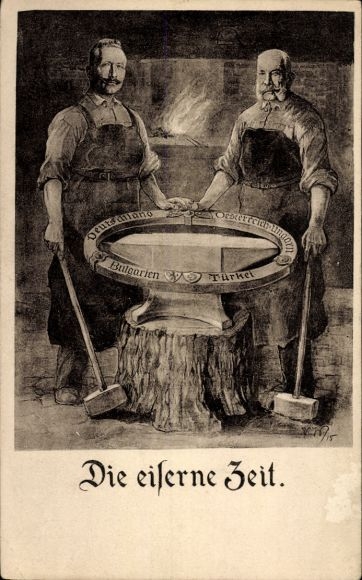 Künstler Ak Kaiser Wilhelm II., Kaiser Franz Josef I., Die eiserne Zeit