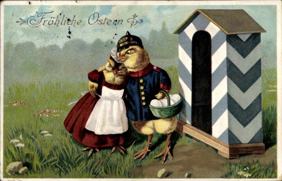 Präge Ak Frohe Ostern, Patriotik, Küken in Uniform, Wachmann, Ostereier