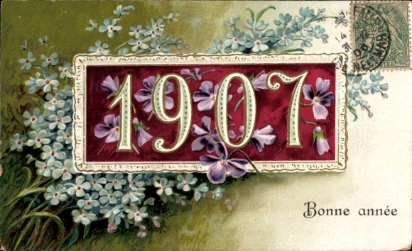 Präge Ak Glückwunsch Neujahr, Jahreszahl 1906, Vergissmeinnichtblüten, Veilchen