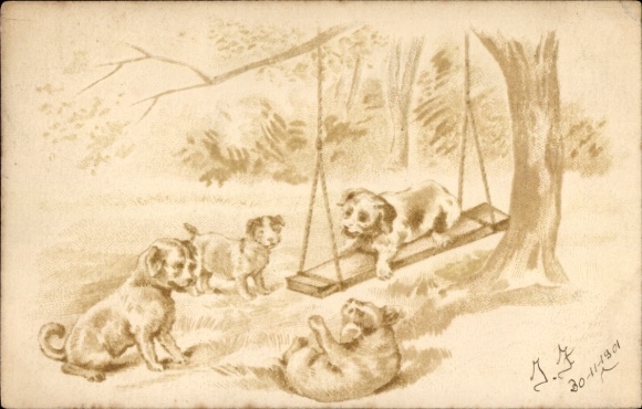 Litho Hunde beim Schaukeln, Schaukel