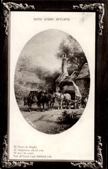 Passepartout Ak Glückwunsch zum Geburtstag, Fuhrwerk, Dorfmotiv, Gedicht