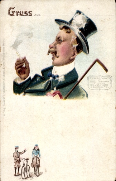Litho Mann mit Zylinder und Zigarette, Reklame Deutschland-Fahrräder August Stukenbrok, Einbeck