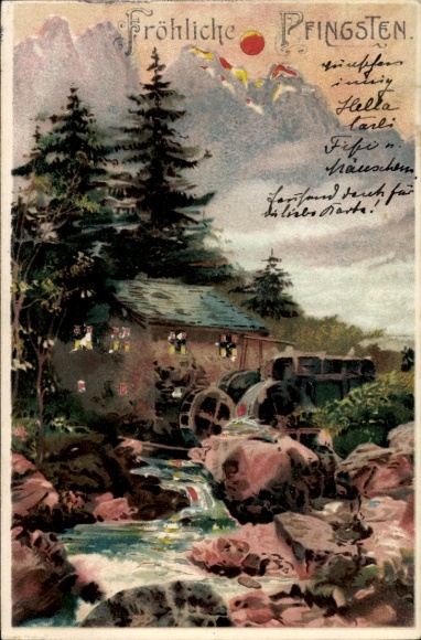 Litho Landschaft mit Wassermühle