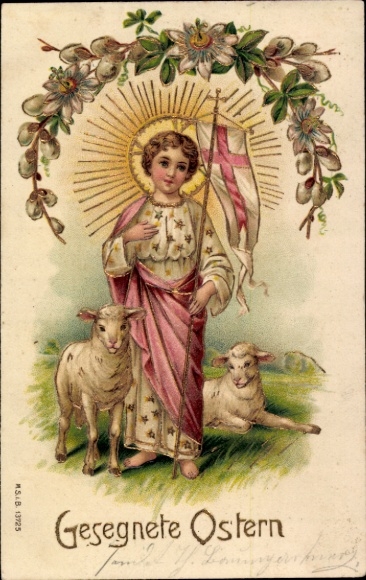 Ak Gesegnete Ostern, Kind mit Lämmern