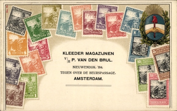 Briefmarken Präge Ak Argentinien, P. Van den Brul, Reklame
