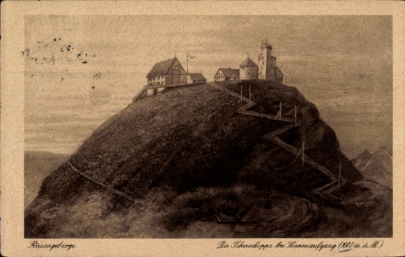 Ak Malá Úpa Kleinaupa Riesengebirge Region Königgrätz, Schneekoppe bei Sonnenaufgang