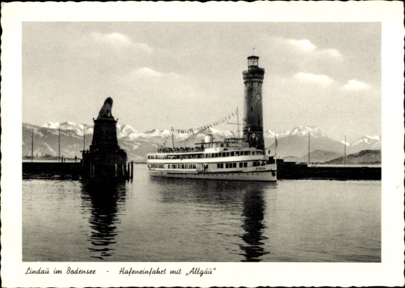 Ak Lindau am Bodensee Schwaben, Hafeneinfahrt, Dampfer Allgäu