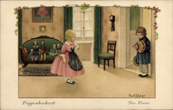 Künstler Ak Ebner, Pauli, Kinder, Puppen, Gratulant