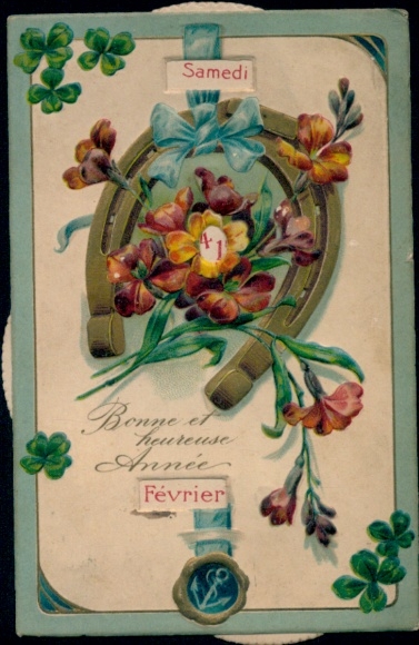 Mechanische Ak Fröhliches Neujahr, Hufeisen, Blumen, Kalender mit Drehscheiben