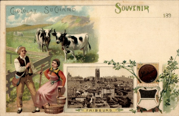 Litho Fribourg Freiburg Stadt Schweiz, Chocolat Suchard, Trachten, Wappen