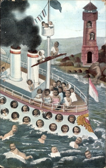 Ak Babys, Dampfer, Leuchtturm, Kitsch