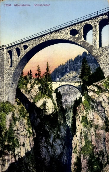Ak Kt. Graubünden, Albulabahn, Alte und neue Solisbrücke, Viadukt, Abgrund