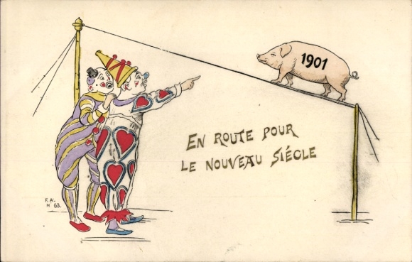 Ak Glückwunsch Neujahr 1901, Schwein, Seillauf, Männer in Kostümen