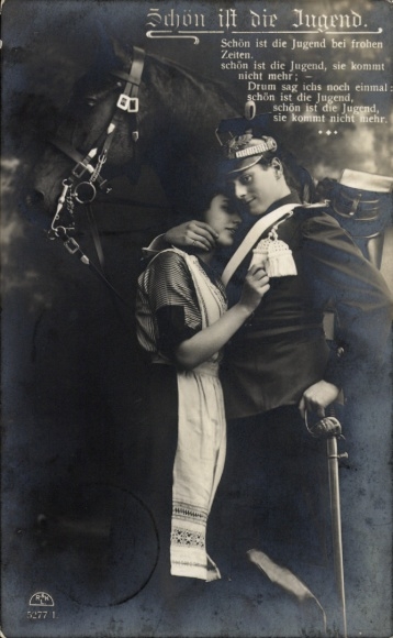 Ak Schön ist die Jugend bei frohen Zeiten, Soldat mit seiner Liebsten, Pferd