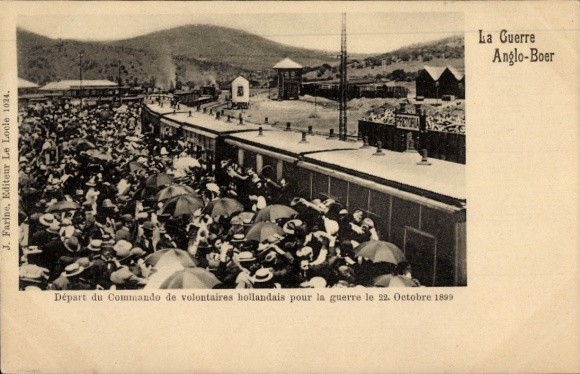 Ak Burenkrieg, Abfahrt von holländischen Kriegsfreiwilligen, 22. Oktober 1899, Bahnhof Pretoria, Zug