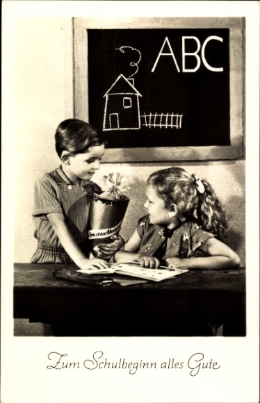 Ak Glückwunsch Einschulung, Zwei Kinder, Zuckertüte, Schultafel