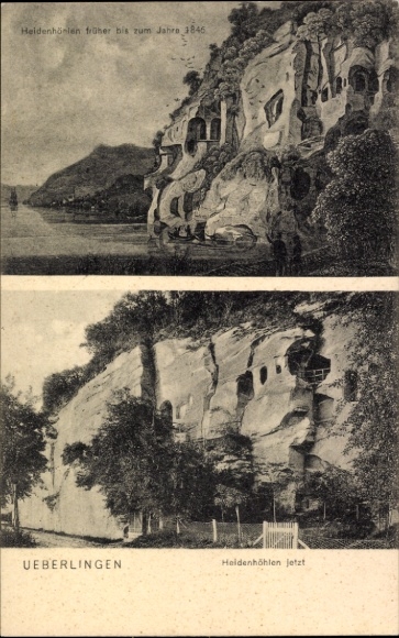 Ak Überlingen am Bodensee, Heidenhöhlen einst und jetzt