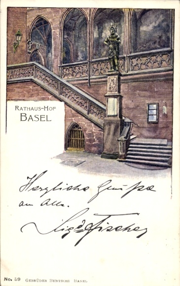 Ak Basel Bâle Stadt Schweiz, Rathaus-Hof,  Statue, Treppe,  No. 59