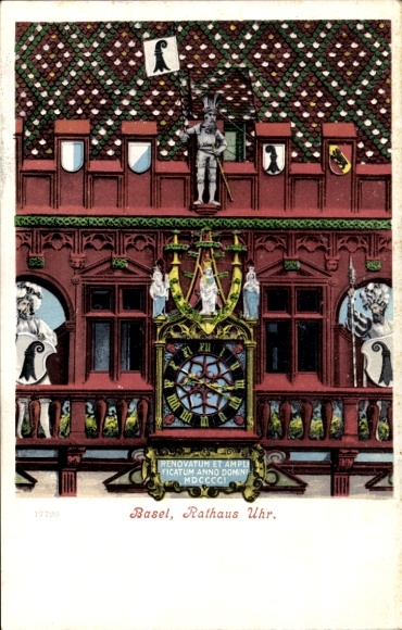 Ak Basel Bâle Stadt Schweiz, Rathaus Uhr,  Uhr mit Figuren, bunte Fassade, Wappen