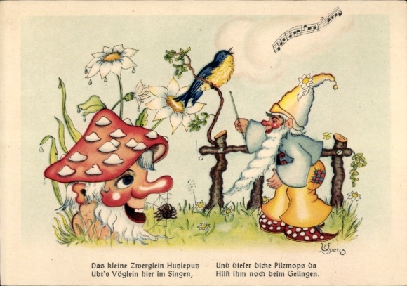 Künstler Ak Zwerg als Dirigent, Taktstock, Fliegenpilz, Vogel, Melodie, Noten, Partitur, Blumen